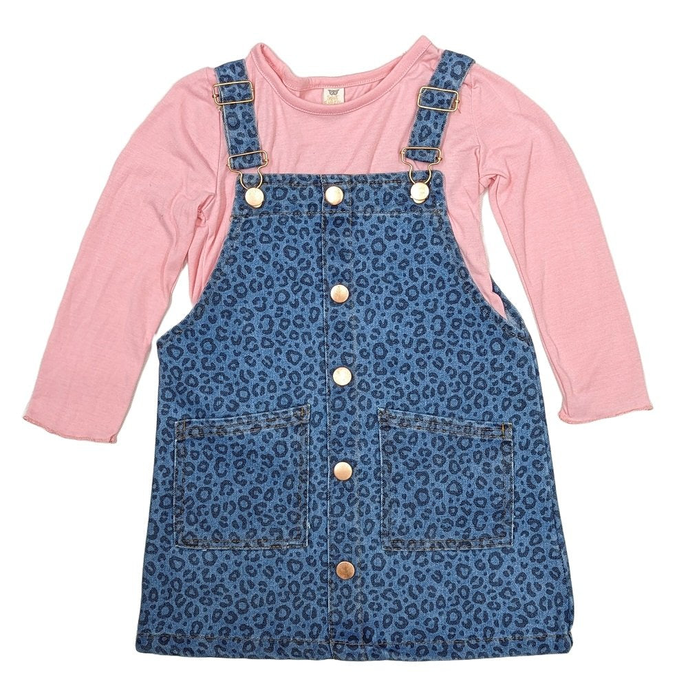 Girls Leopard Print Denim Dungaree Dress Outfit