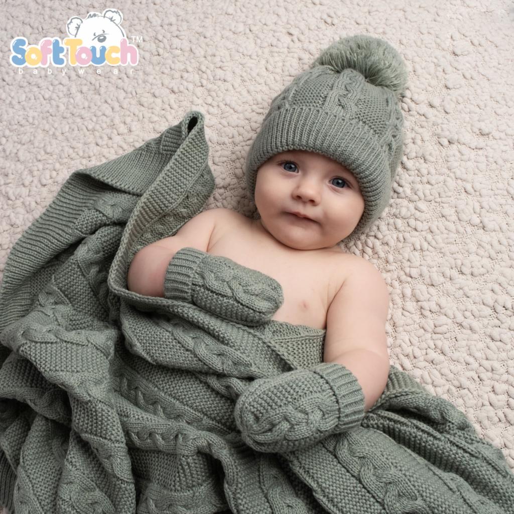 Sage Green Cable Knit Bobble Hat