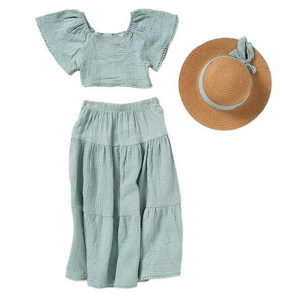 Girls Muslin Skirt & Top Outfit & Hat