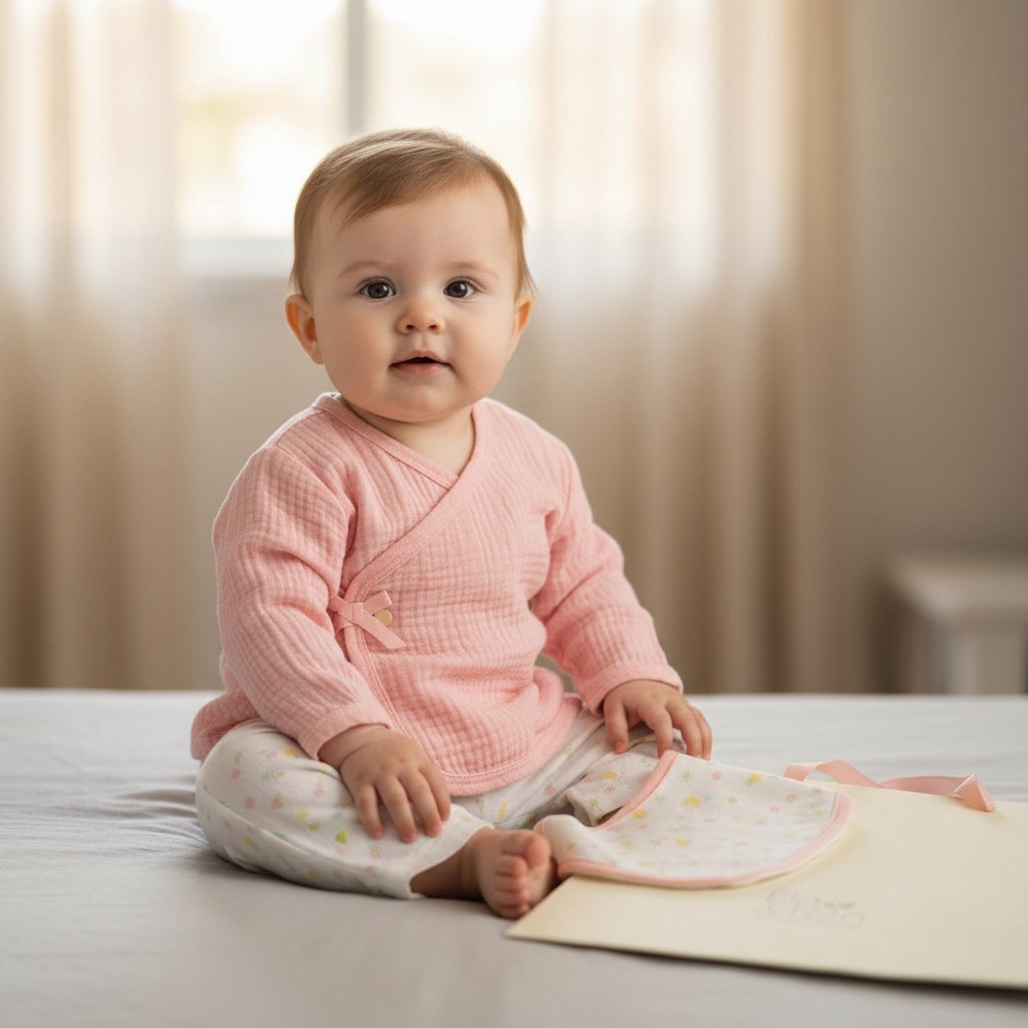 Baby Girls Muslin Top, Trousers, Bib & Gift Bag
