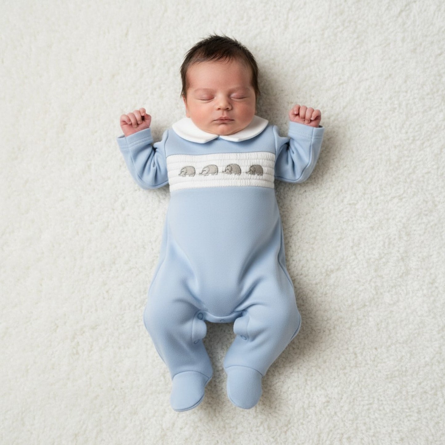 Tiny Baby Elephant Smocked Sleepsuit