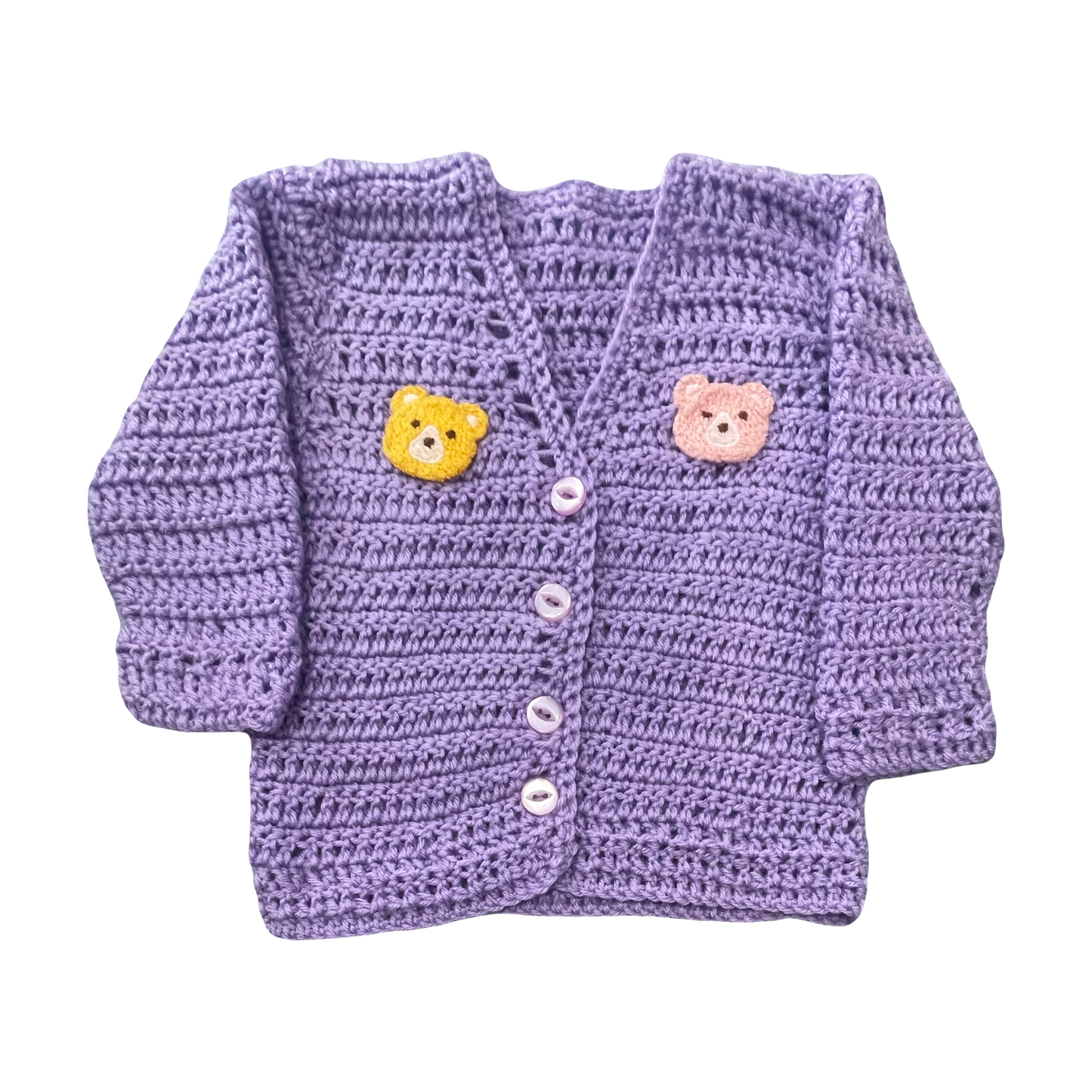 Hand Crocheted Cardigan with Bear Appliqués