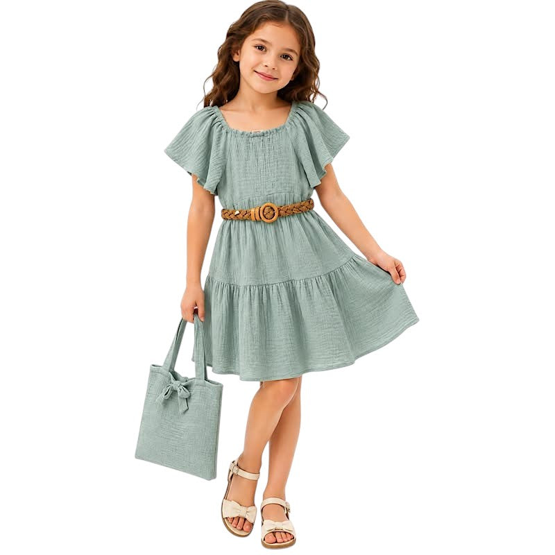 Girls Muslin Dress with Belt & Bag