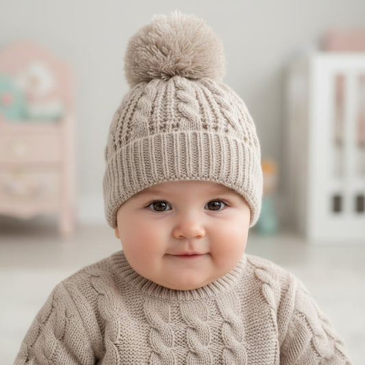 Beige Cable Knit Bobble Hat