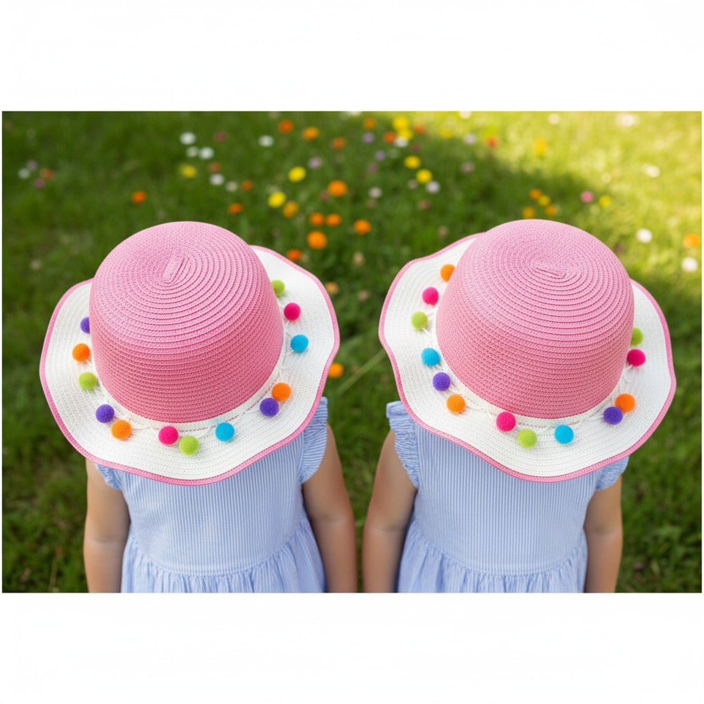 Girls Pom Pom Straw Hat