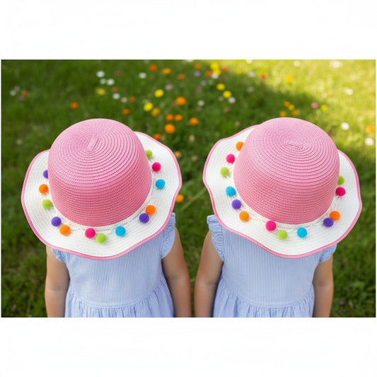 Girls Pom Pom Straw Hat
