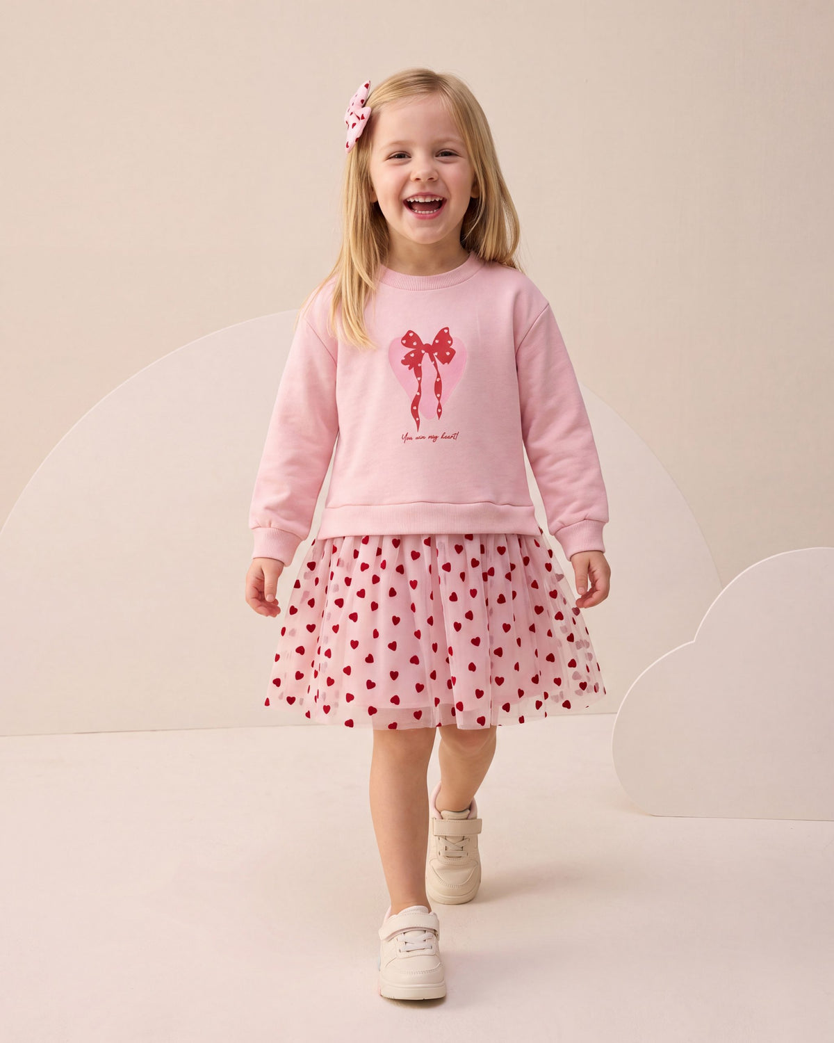 Girls Heart Print Dress & Hair Bow