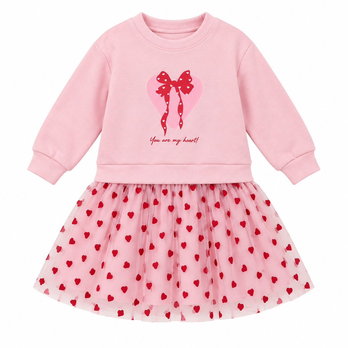 Girls Heart Print Dress & Hair Bow