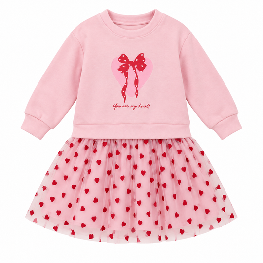 Girls Heart Print Dress & Hair Bow