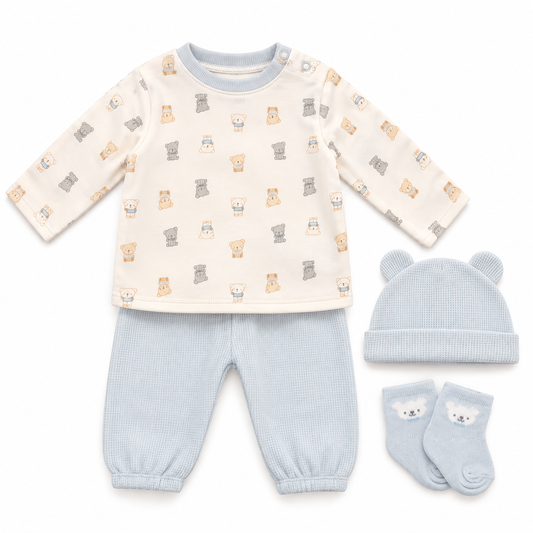 Baby Boys Teddy Print 4 Piece Outfit