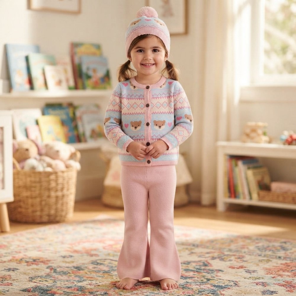 Girls Knitted Outfit with Bobble Hat