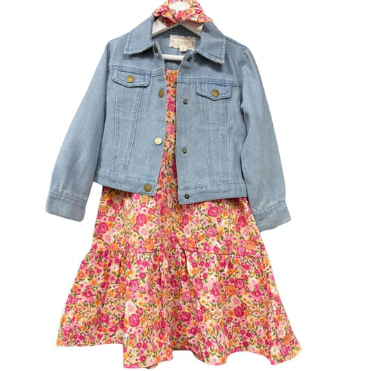 Girls Floral Dress, Denim Jacket & Headband