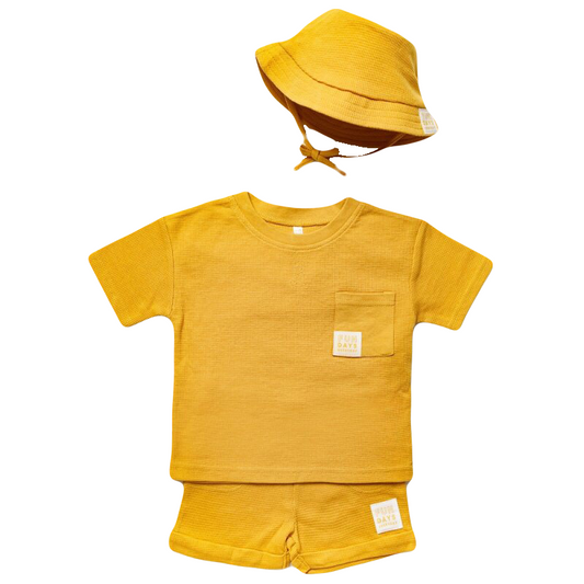 Baby Boys Waffle Top, Shorts & Bucket Hat Outfit
