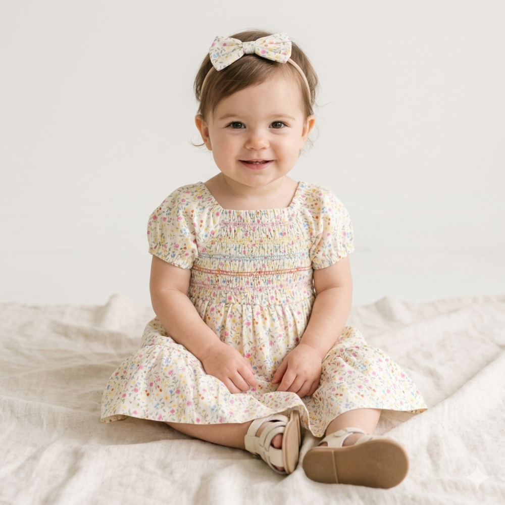 Baby Girls Smocked Floral Dress & Headband