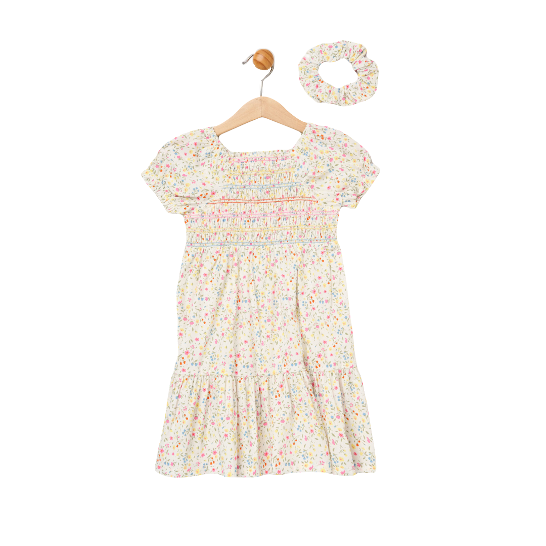 Girls Smocked Floral Dress & Scrunchie