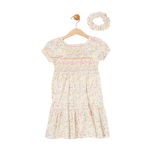 Girls Smocked Floral Dress & Scrunchie