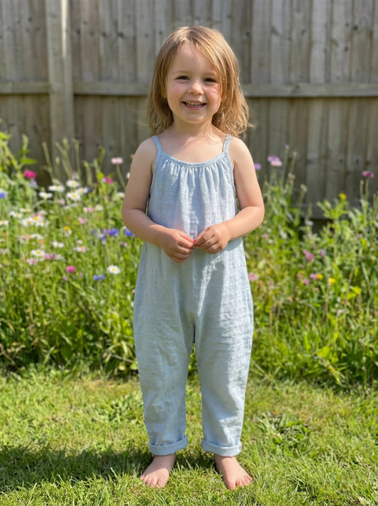 Girls Organic Blue Muslin Jumpsuit