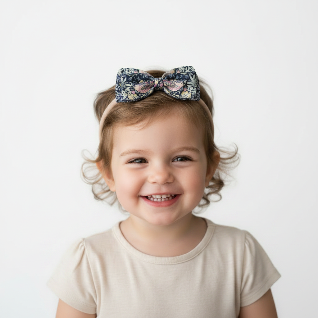 Liberty Strawberry Thief - Navy Large Bow Headband