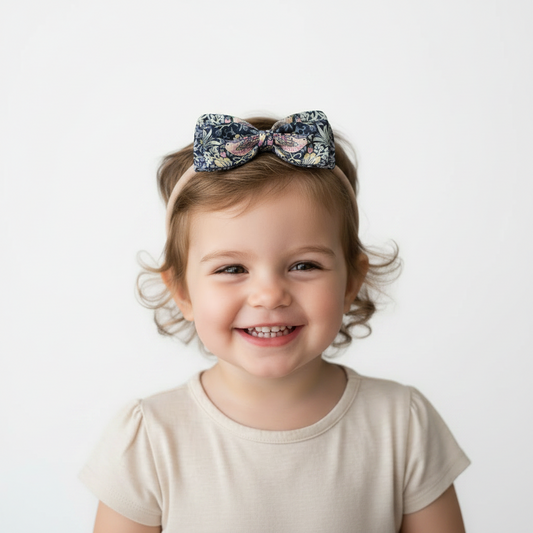 Liberty Strawberry Thief - Navy Large Bow Headband