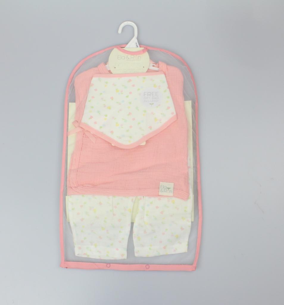 Baby Girls Muslin Top, Trousers, Bib & Gift Bag
