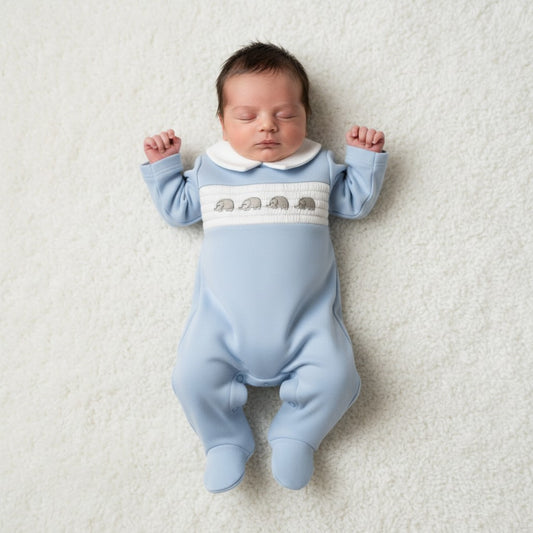 Tiny Baby Elephant Smocked Sleepsuit