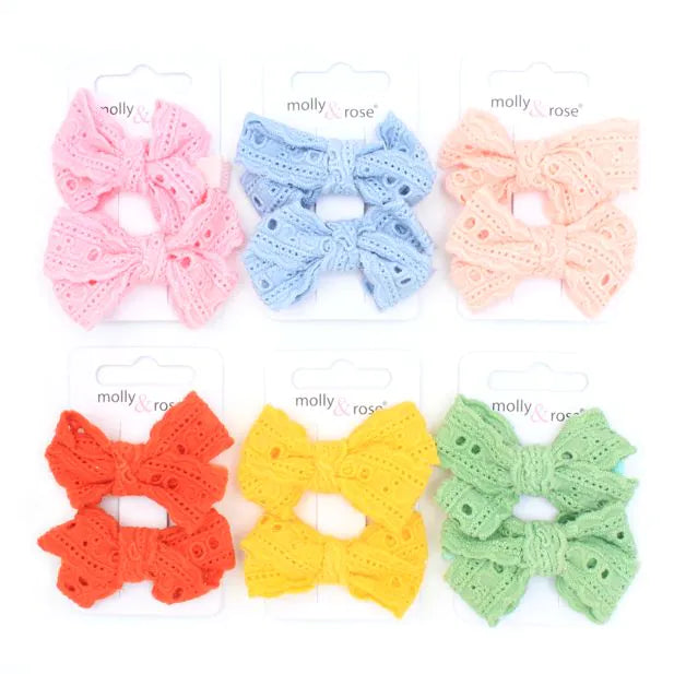 Pair Of 100% Cotton Broderie Anglaise Bow Clips