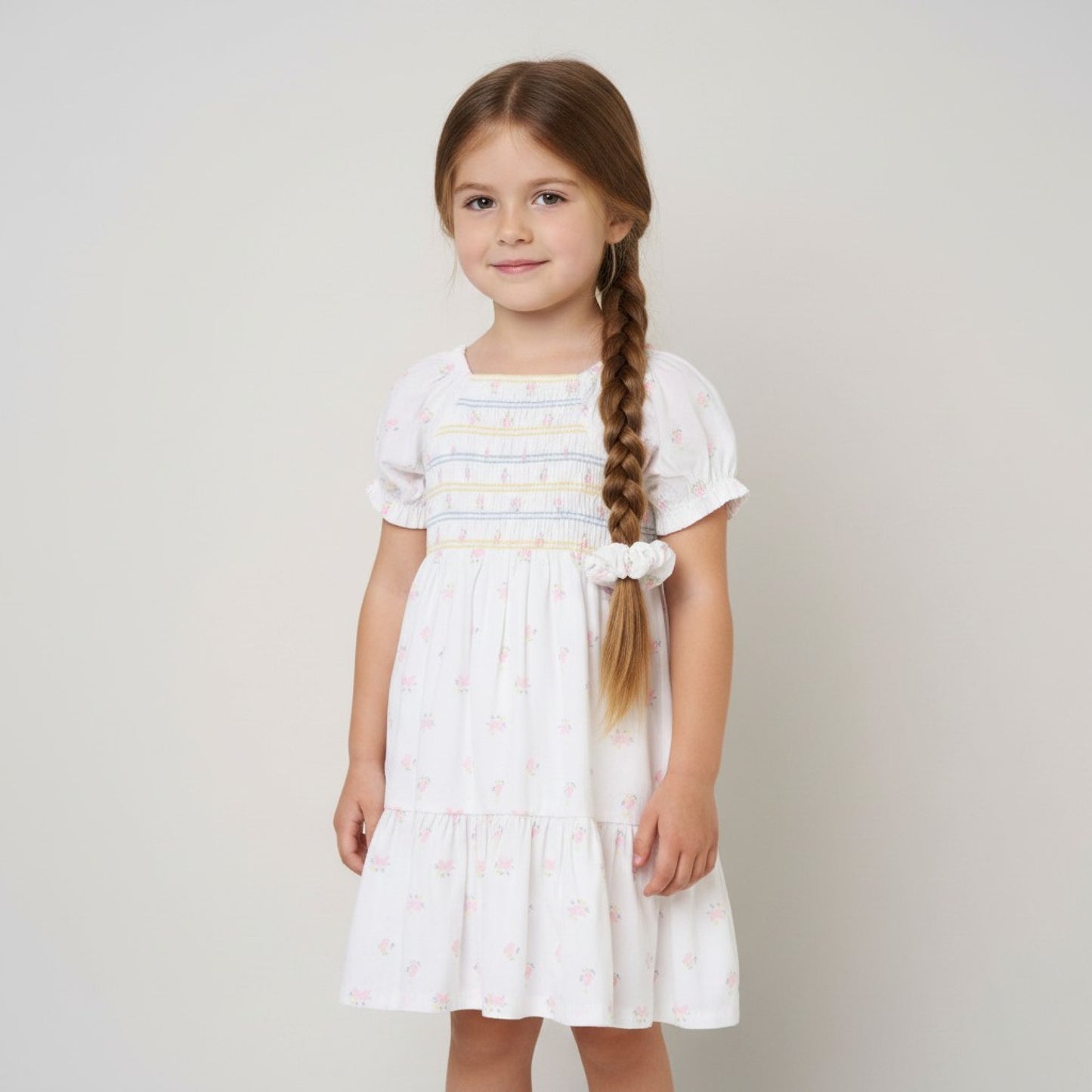 Girls Floral Shirred Dress with Scrunchie