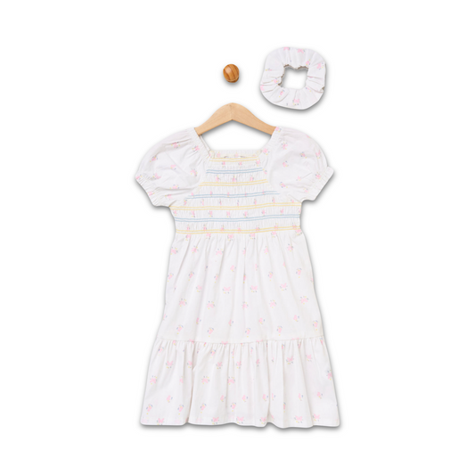 Girls Floral Shirred Dress with Scrunchie