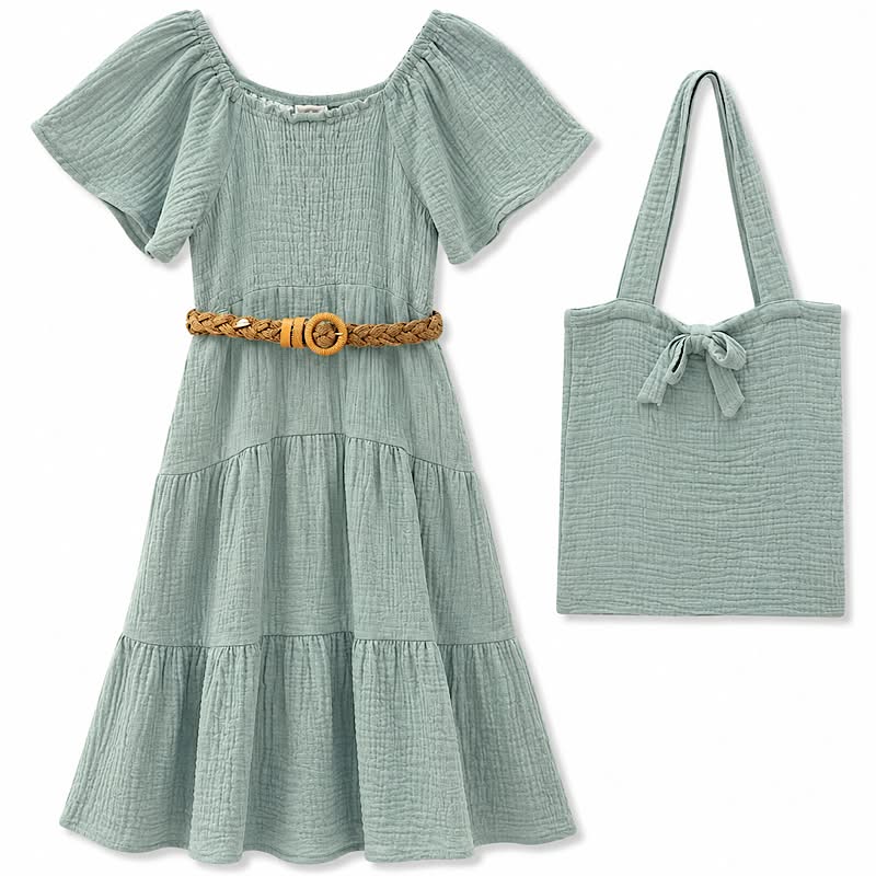 Girls Muslin Dress with Belt & Bag