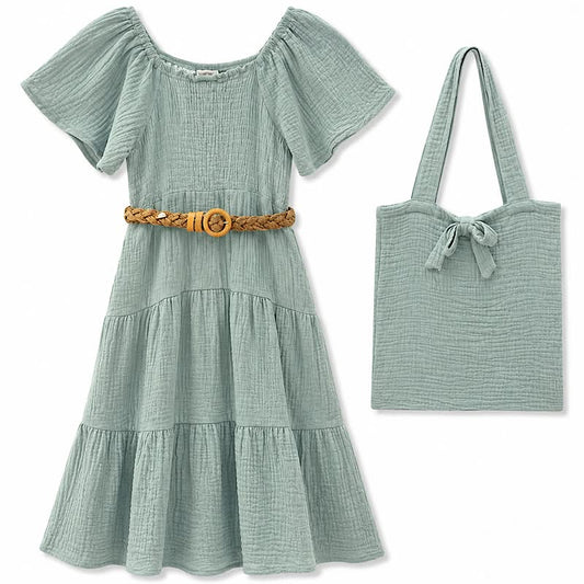 Girls Muslin Dress with Belt & Bag