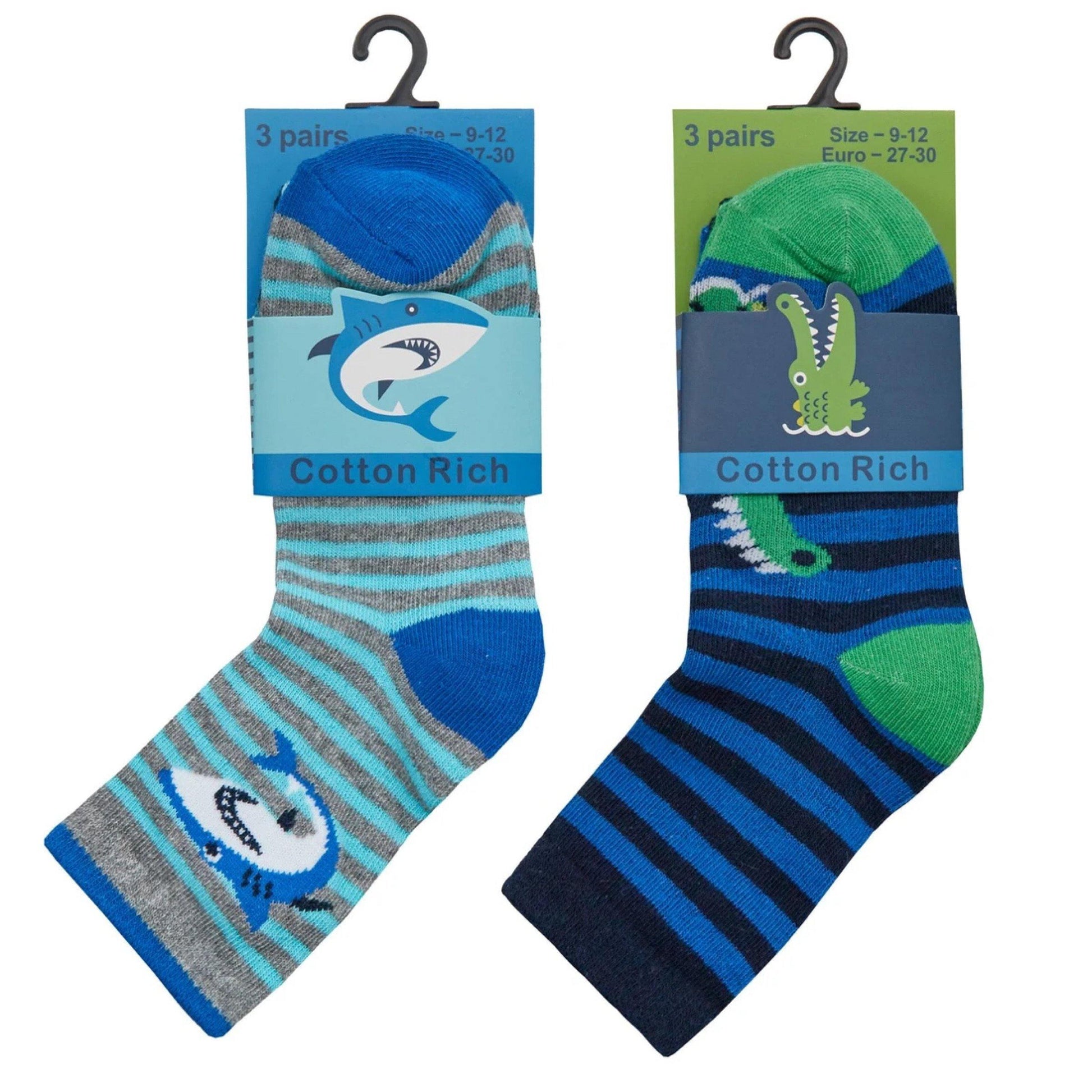 Boys 3 Pack Cotton Rich Shark/Crocodile Design Ankle Socks | Oscar & Me | Baby & Children’s Clothing & Accessories